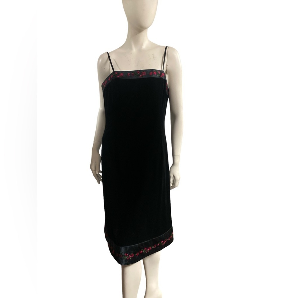 Papell Boutique 90s Black Velour Slip Dress with Floral Accents